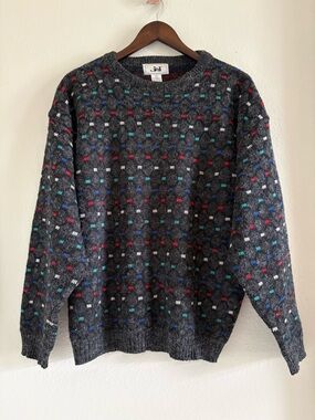 Vintage JED 90s Geometric Knit Sweater | Charcoal Gray Multi | Men's Large